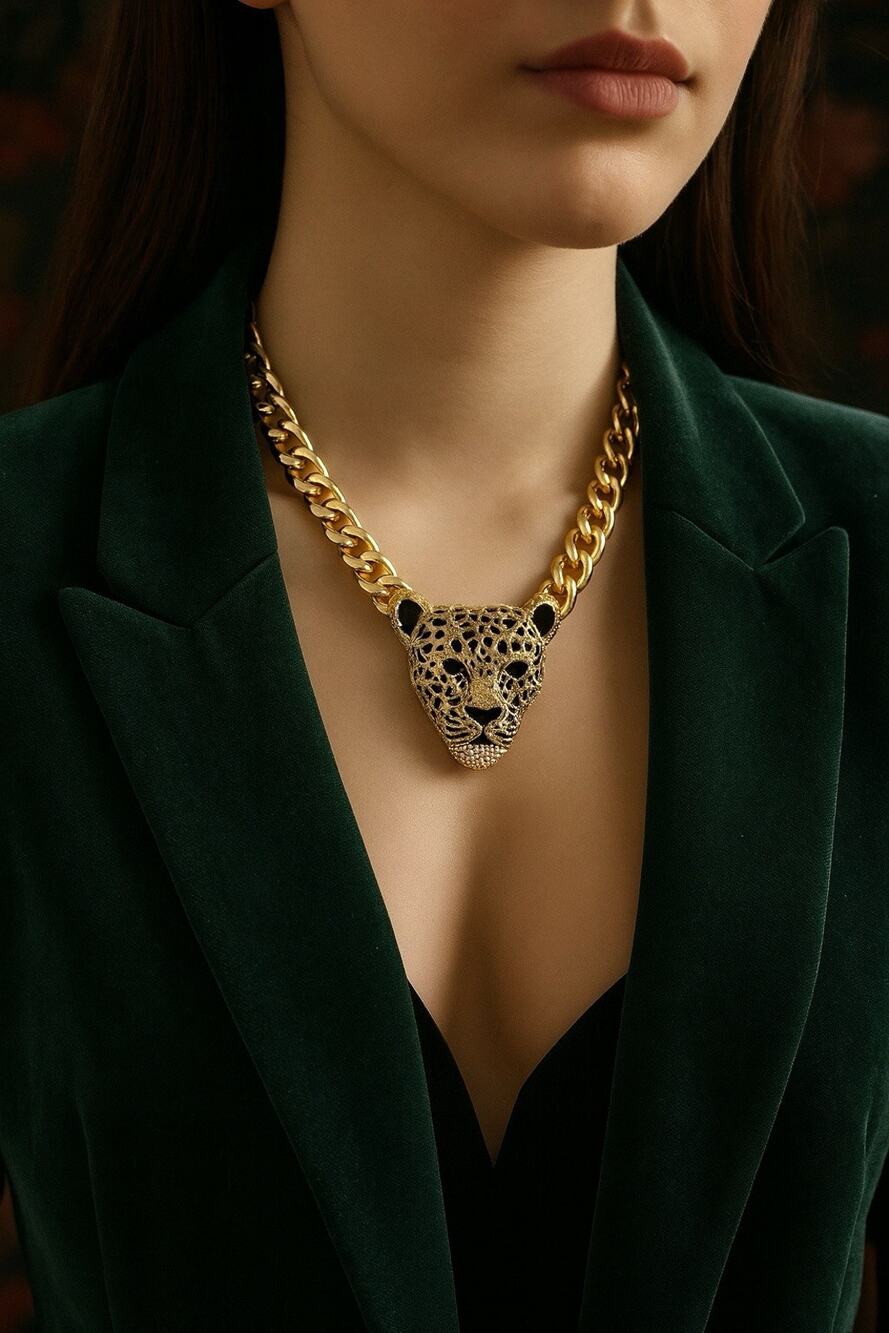 Natasha Jaguar Necklace Black Panther Leopard Crystal Gold Head CZ Chunky Gothic